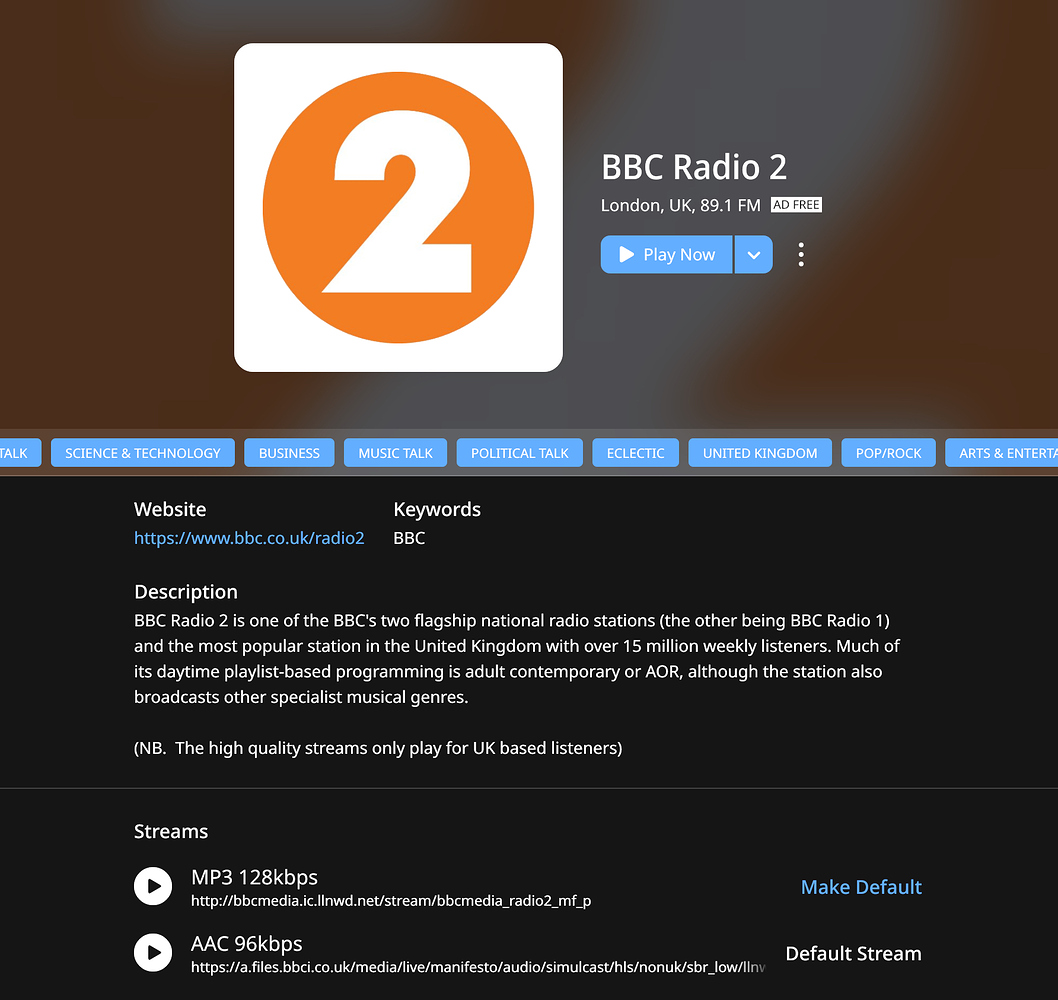 BBC Radio 2 High quality stream not visable Live Radio Roon Labs