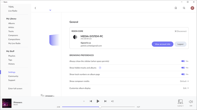 settings page