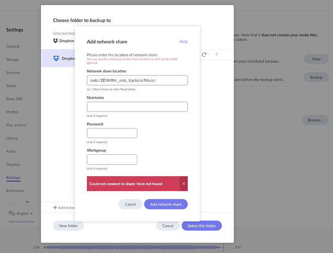 Roon - Backups - Add Network Share Location - Error