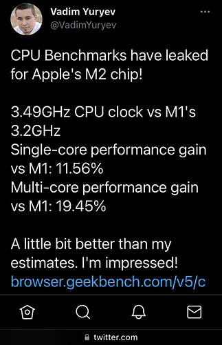 Vadim Yuryev on Twitter CPU Benchmarks have leaked for Apple's M2 chip! 3.49GHz CPU clock vs M1's 3.2GHz Single-core performan