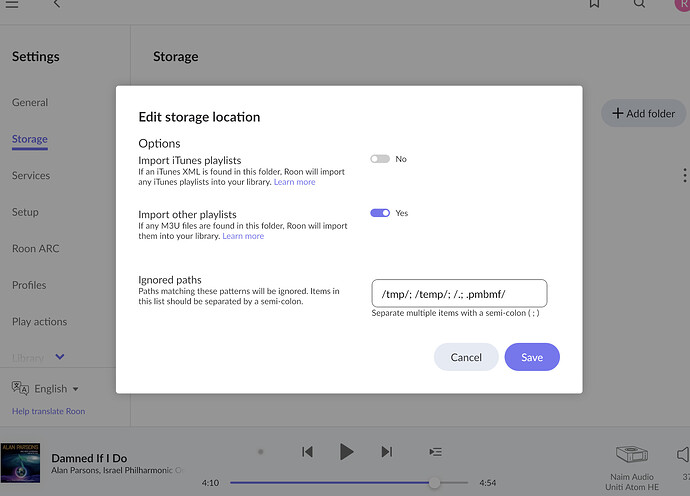 Screenshot Roon Settings Storage Dialoge box 2023-04-06 at 8.01.55 AM