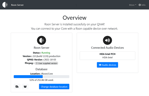 Roon Server app screen on QNAP QTS