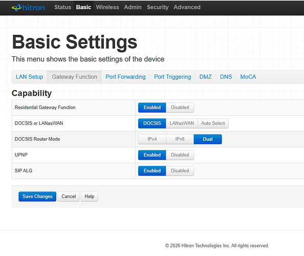 Hitron Gateway Function Settings