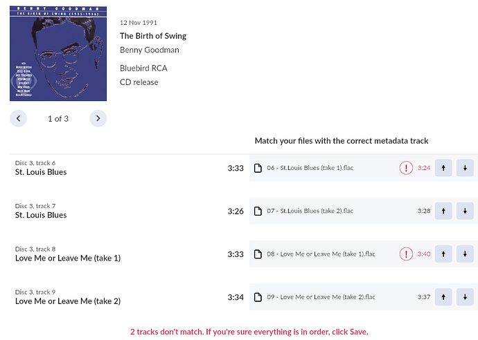 mismatched tracks for multiple takes