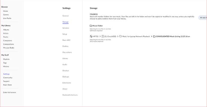 screen shot of roon storage settings