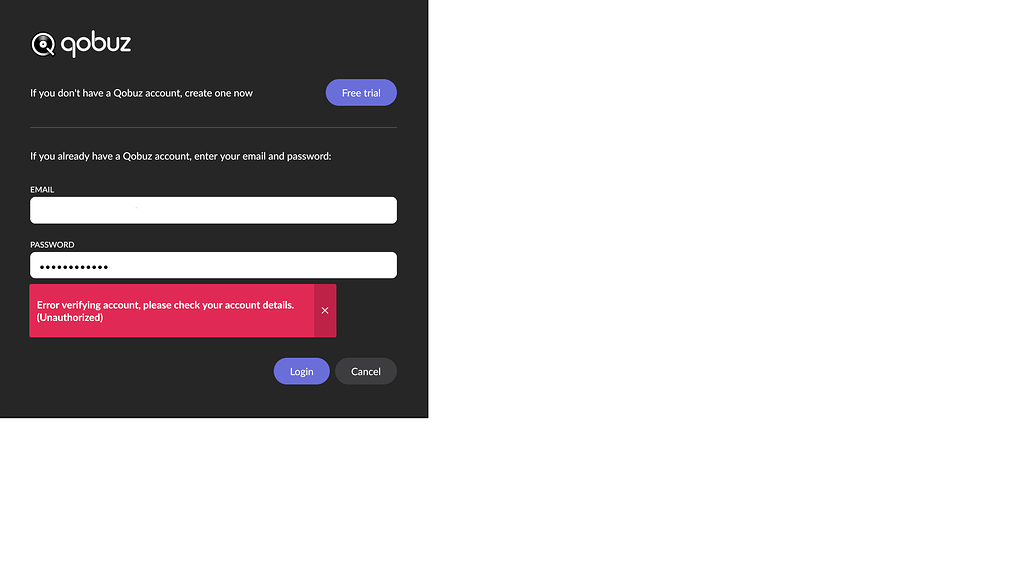 Unable to log into qobuz, unauthorized Roon installation issue (ref