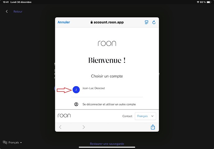 Choix du compte Roon