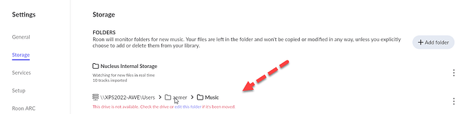 Roon storage area in RED states in RED -this drive is not available