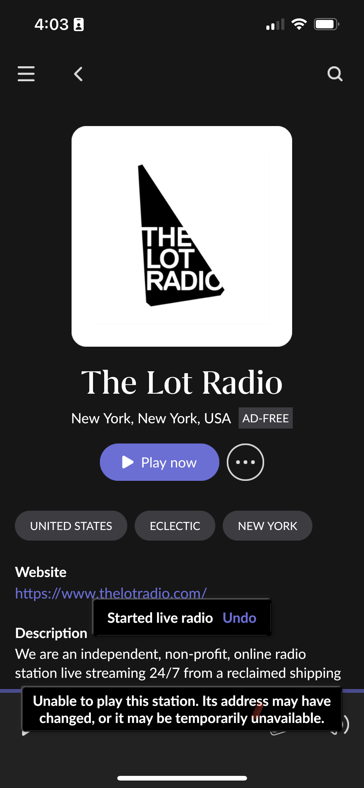 The Lot radio stream link error - Live Radio - Roon Labs