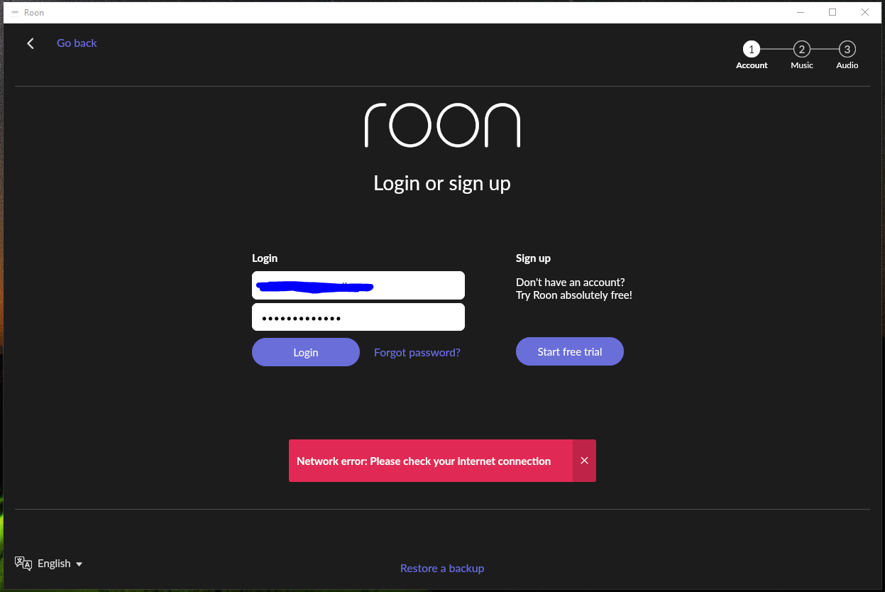 Network error when I tried to login to my roon account on my roon 