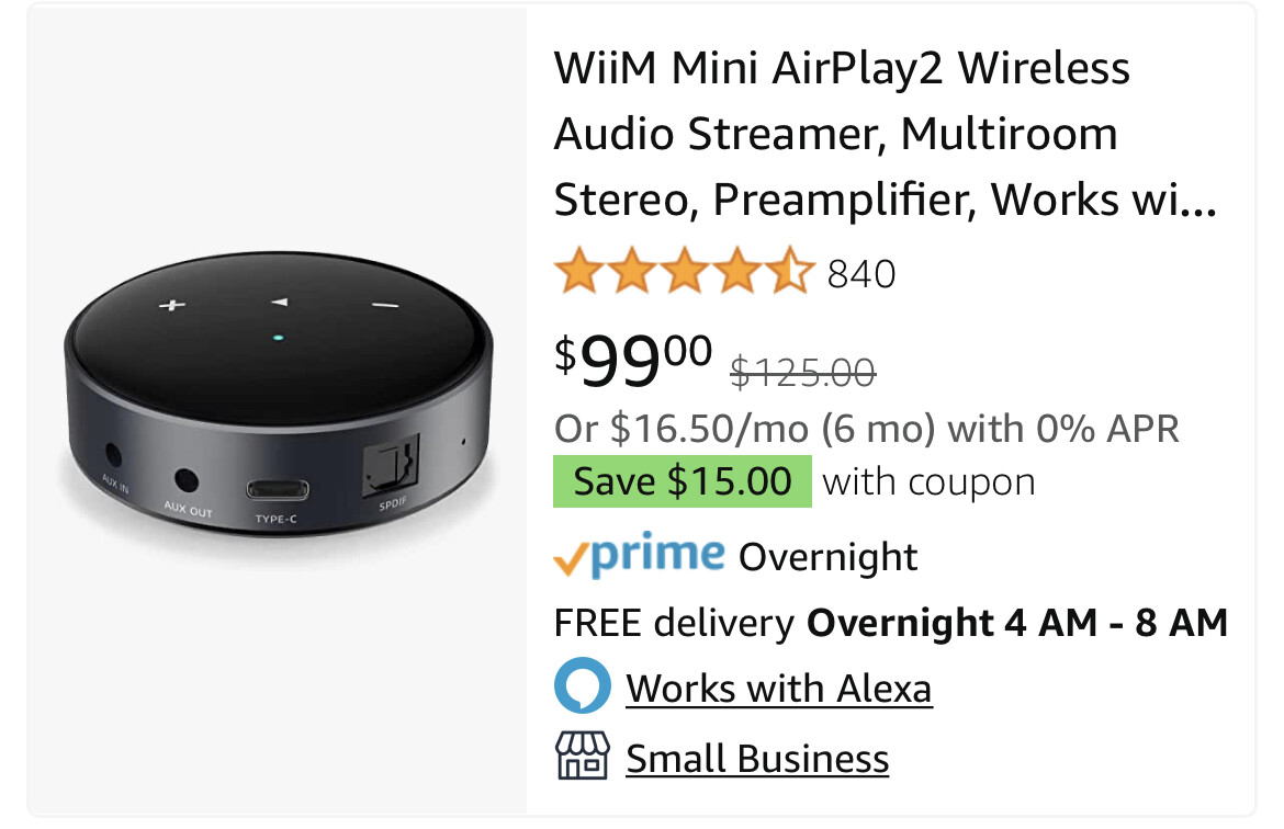 WiiM Mini Wifi Music Player Wireless Audio Streaming Multiroom Stereo  Receiver