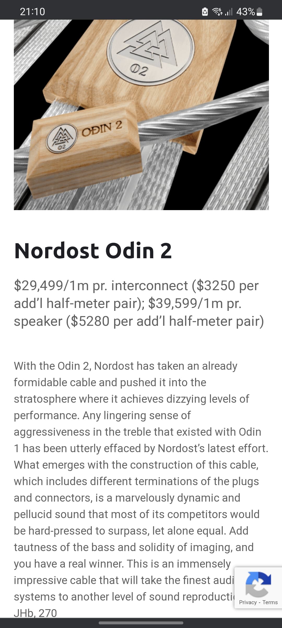Nordost Odin 2 Supreme Reference Interconnect (pair) – Upscale Audio