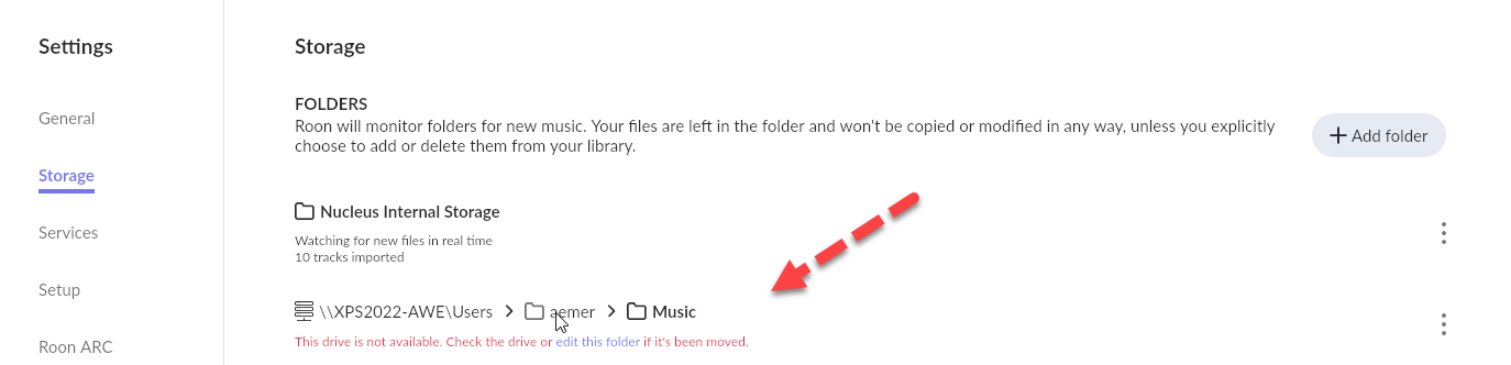Roon storage area in RED states in RED -this drive is not available